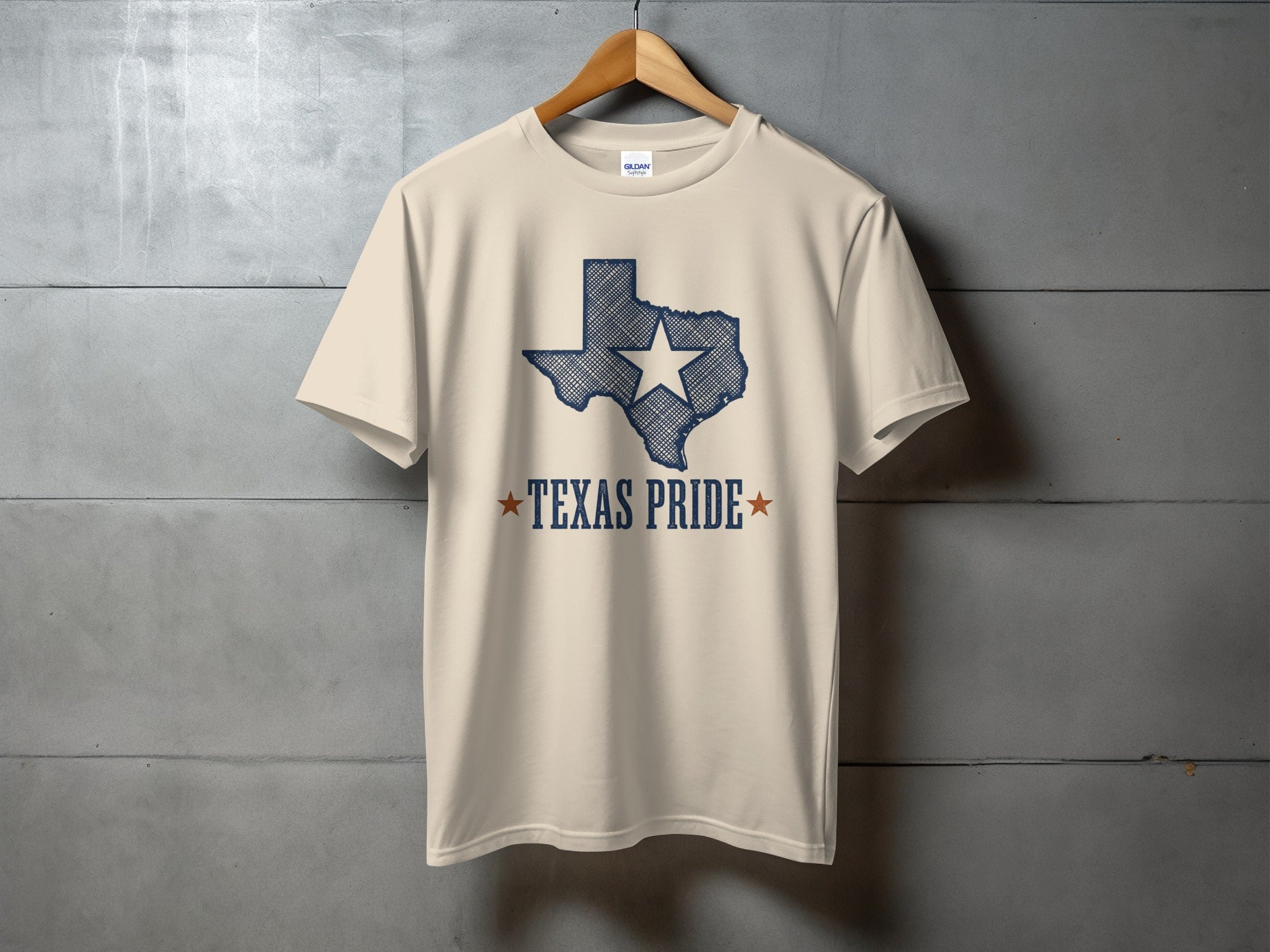 Cream t-shirt with Texas outline filled with hatched lines and "Texas Pride" text.