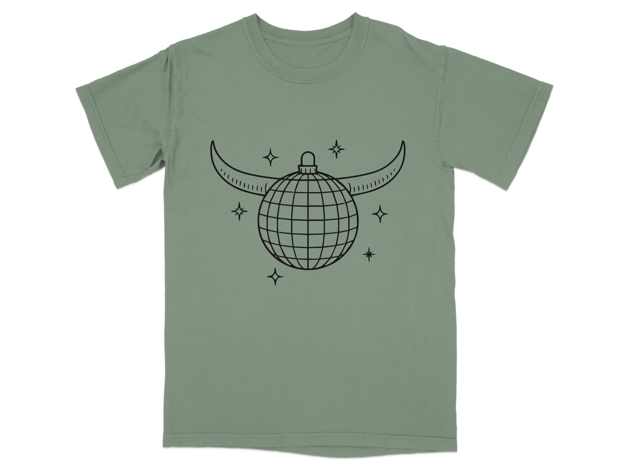 Green t-shirt with black outline graphic of a disco ball with horns and stars.