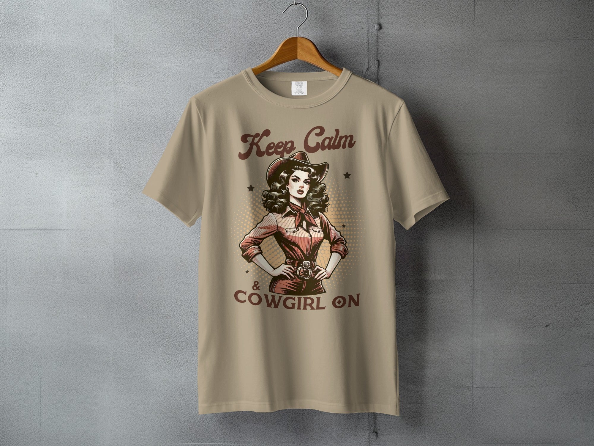 Keep Calm Cowgirl On Vintage Graphic - statement cowgirl tee, heavyweight cotton, Texas Dust & Denim western apparel