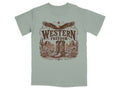 T-shirt with "Western Freedom" text, eagle, cowboy boots, cacti, and desert landscape.