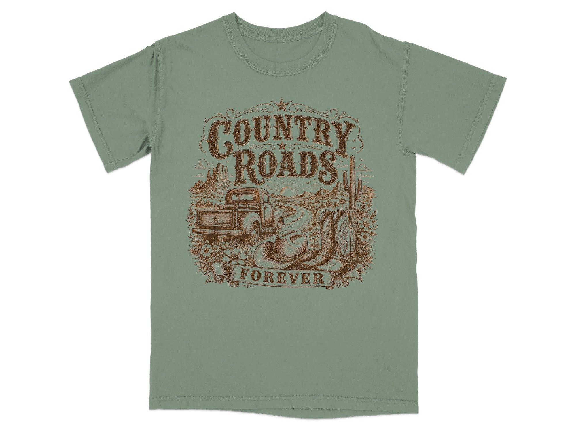T-shirt with "Country Roads Forever" text, truck, hat, and cowboy boots in desert landscape.