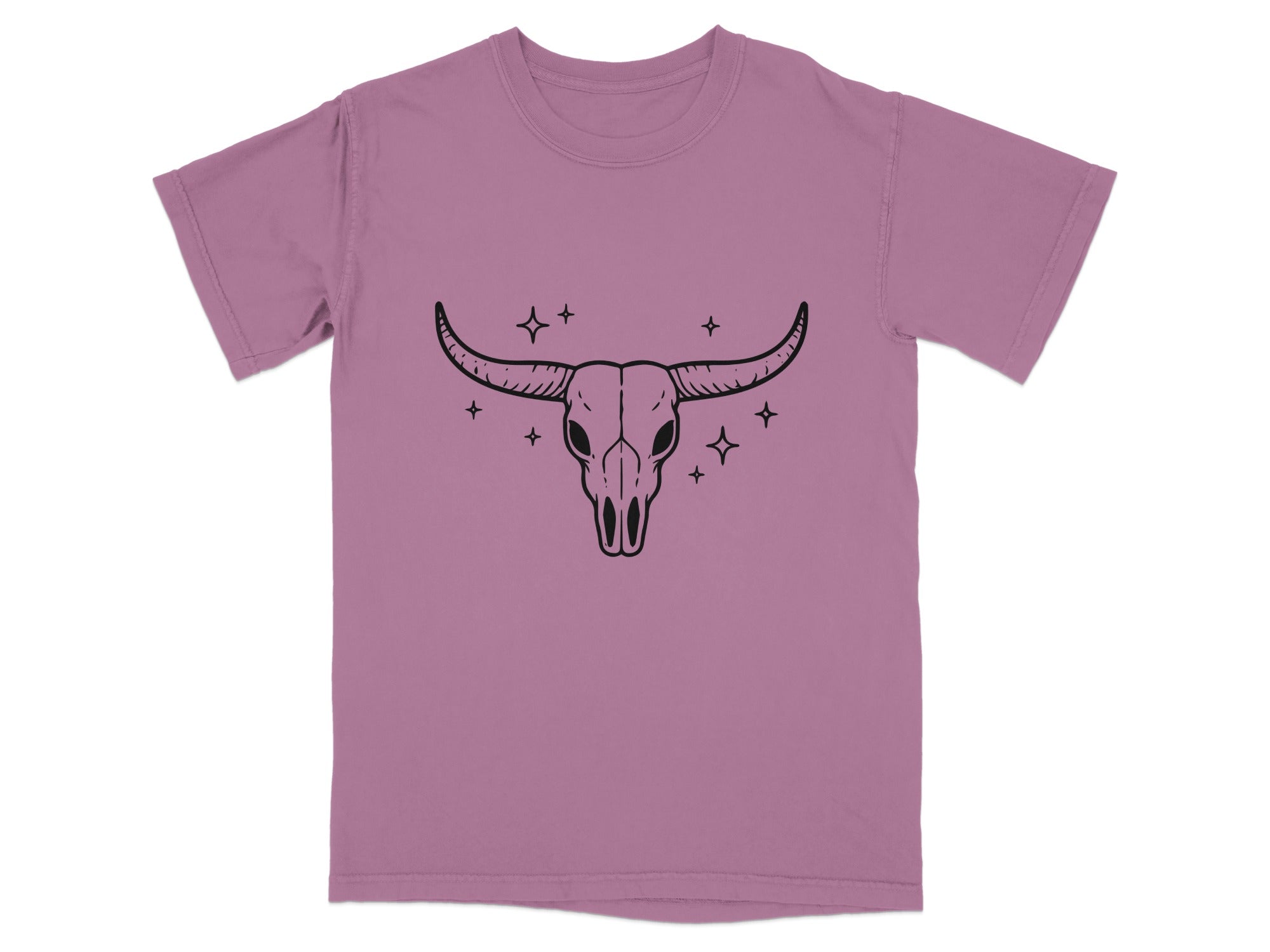 Mauve t-shirt with a black bull skull and star graphic in the center.
