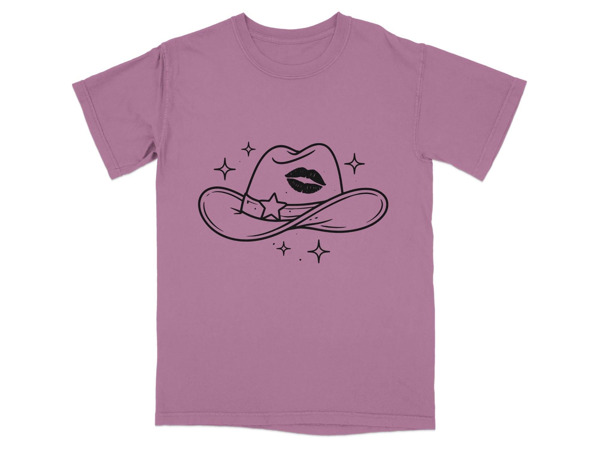 Pink t-shirt with black line drawing of a cowboy hat with lips and a star.