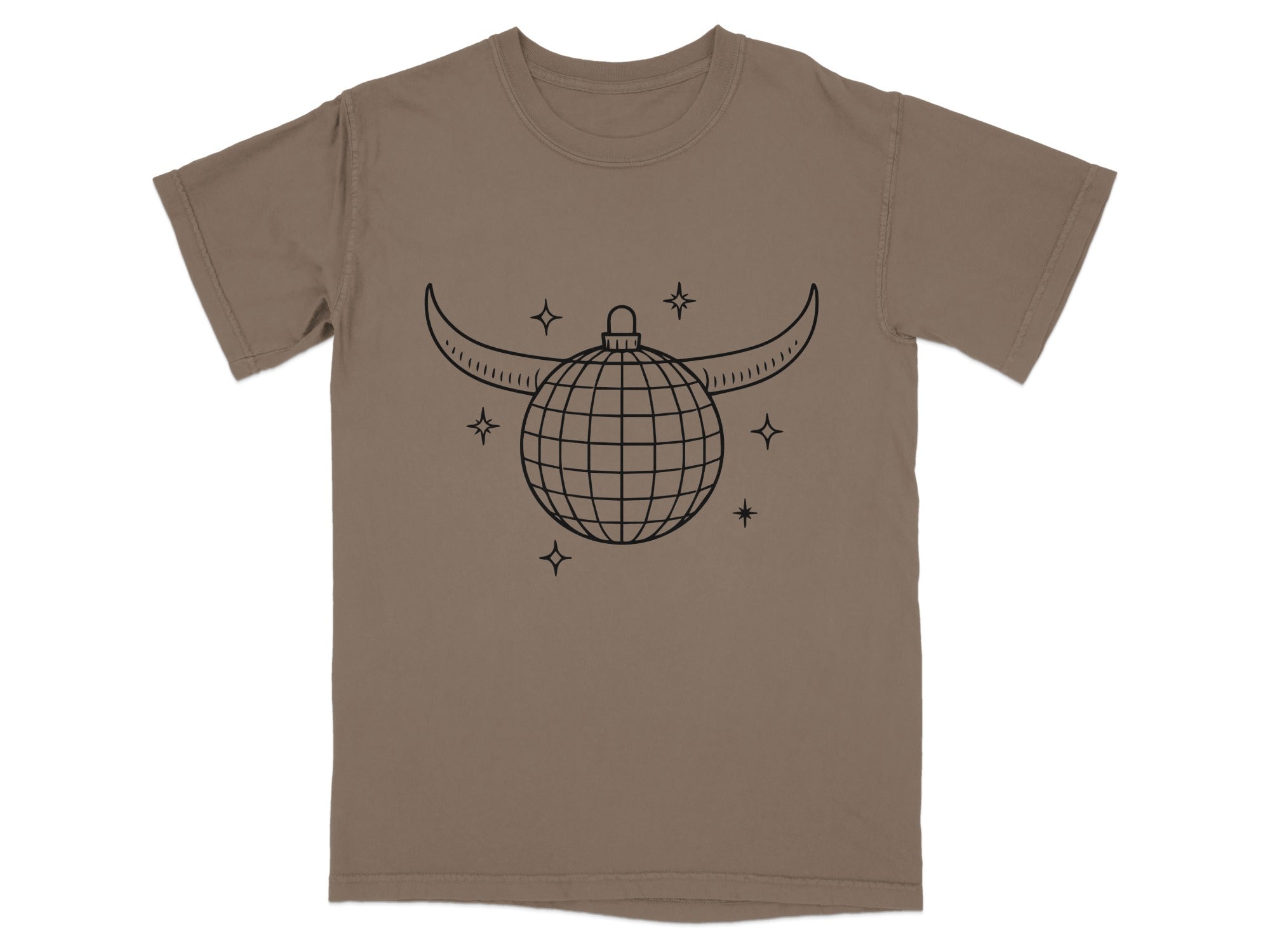 Brown t-shirt with a black outline graphic of a disco ball with horns and stars.