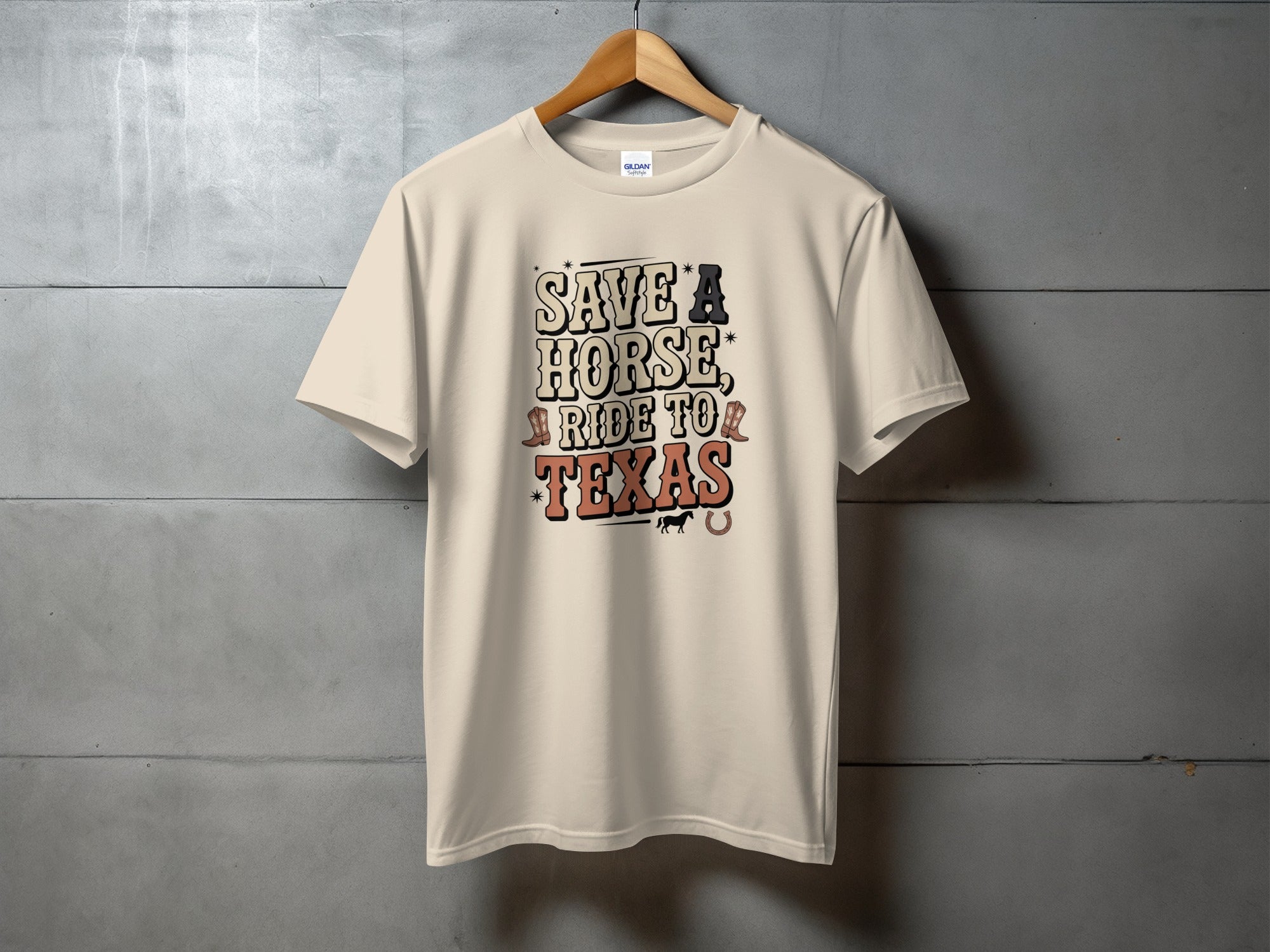 Light tan t-shirt with "Save a horse ride to Texas" graphic.