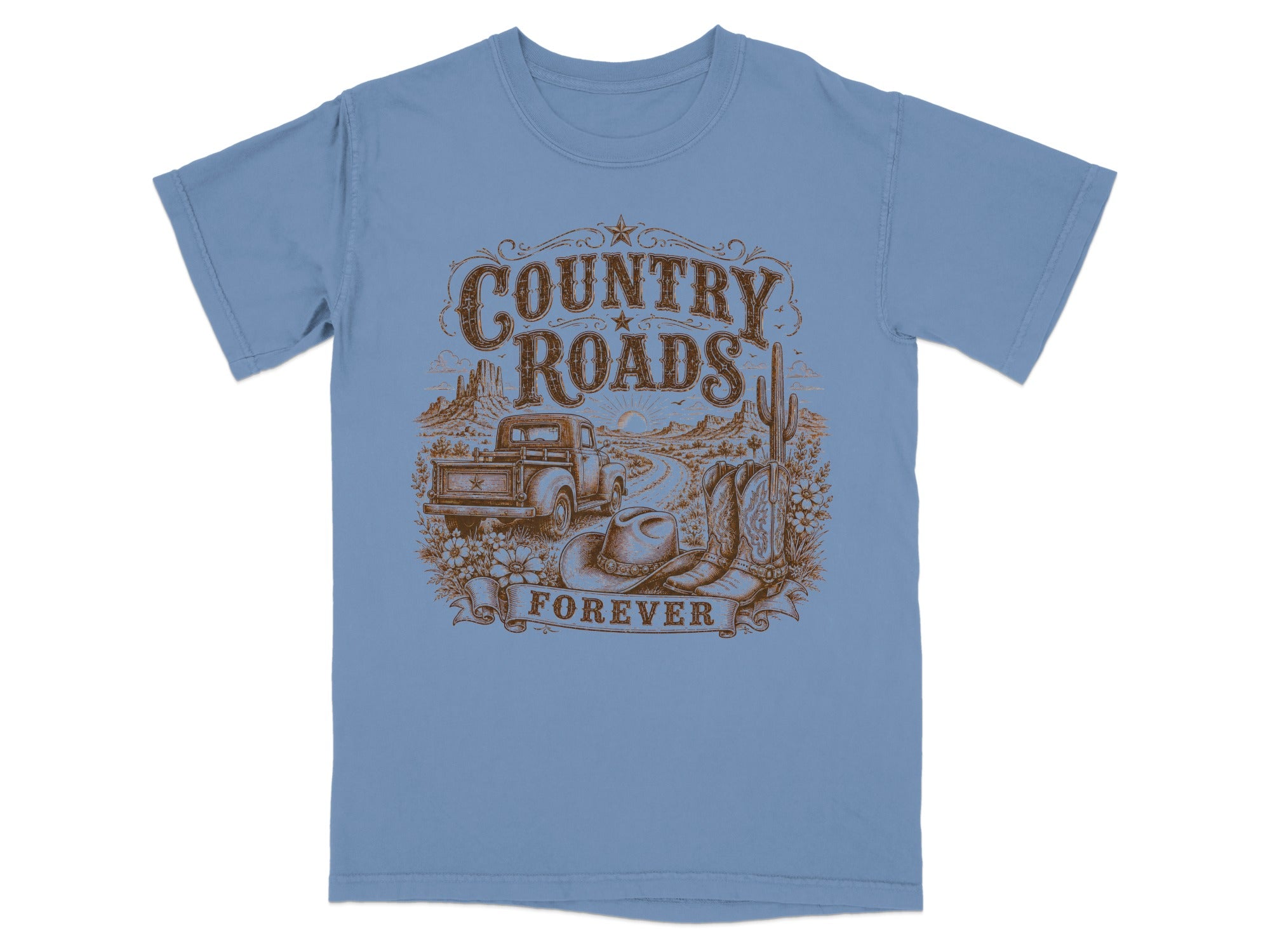 T-shirt with brown graphic of truck, cowboy hat, boots, desert landscape, and text "COUNTRY ROADS FOREVER".