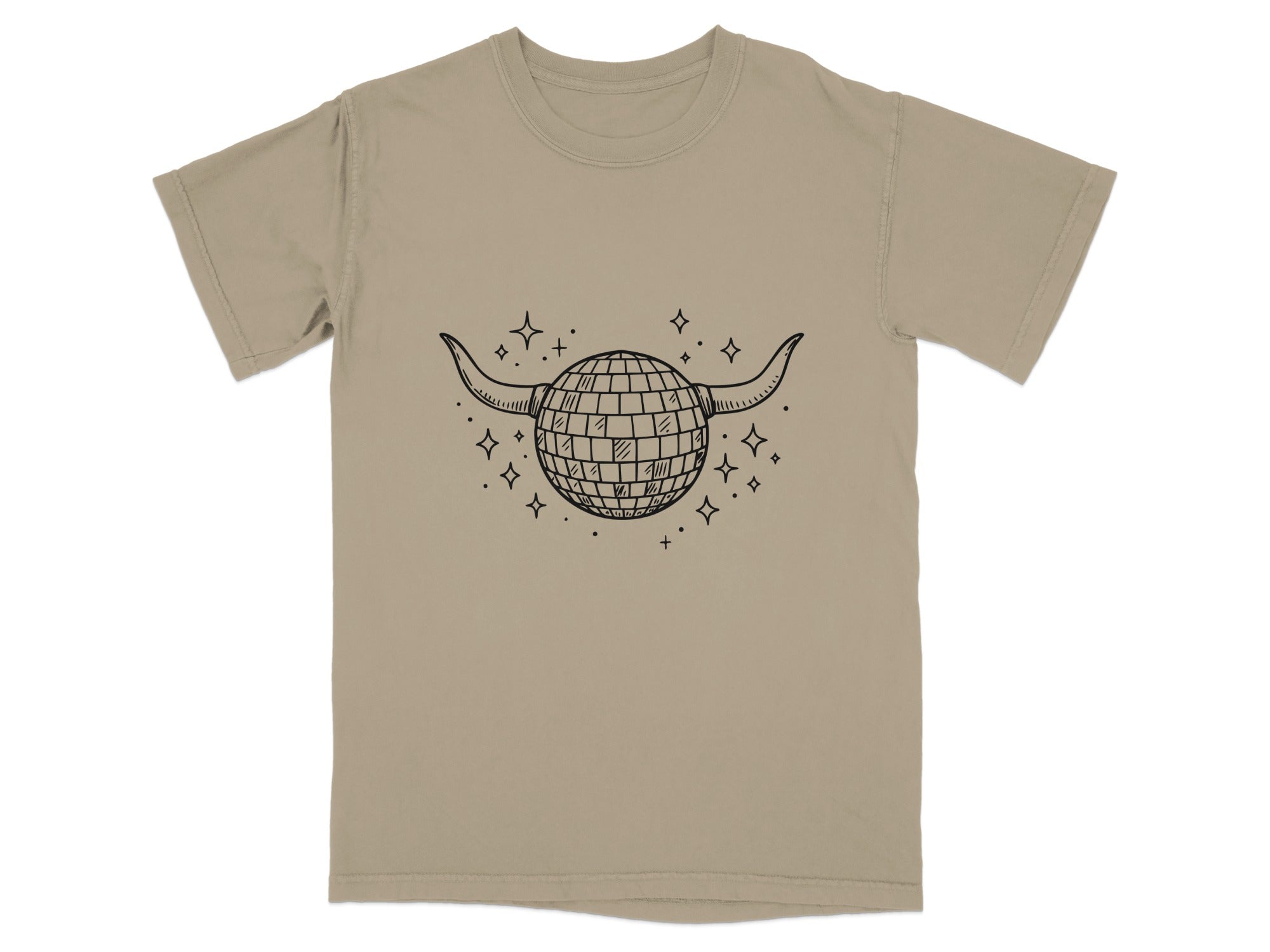 T-shirt with black line drawing of a disco ball with bull horns and stars.