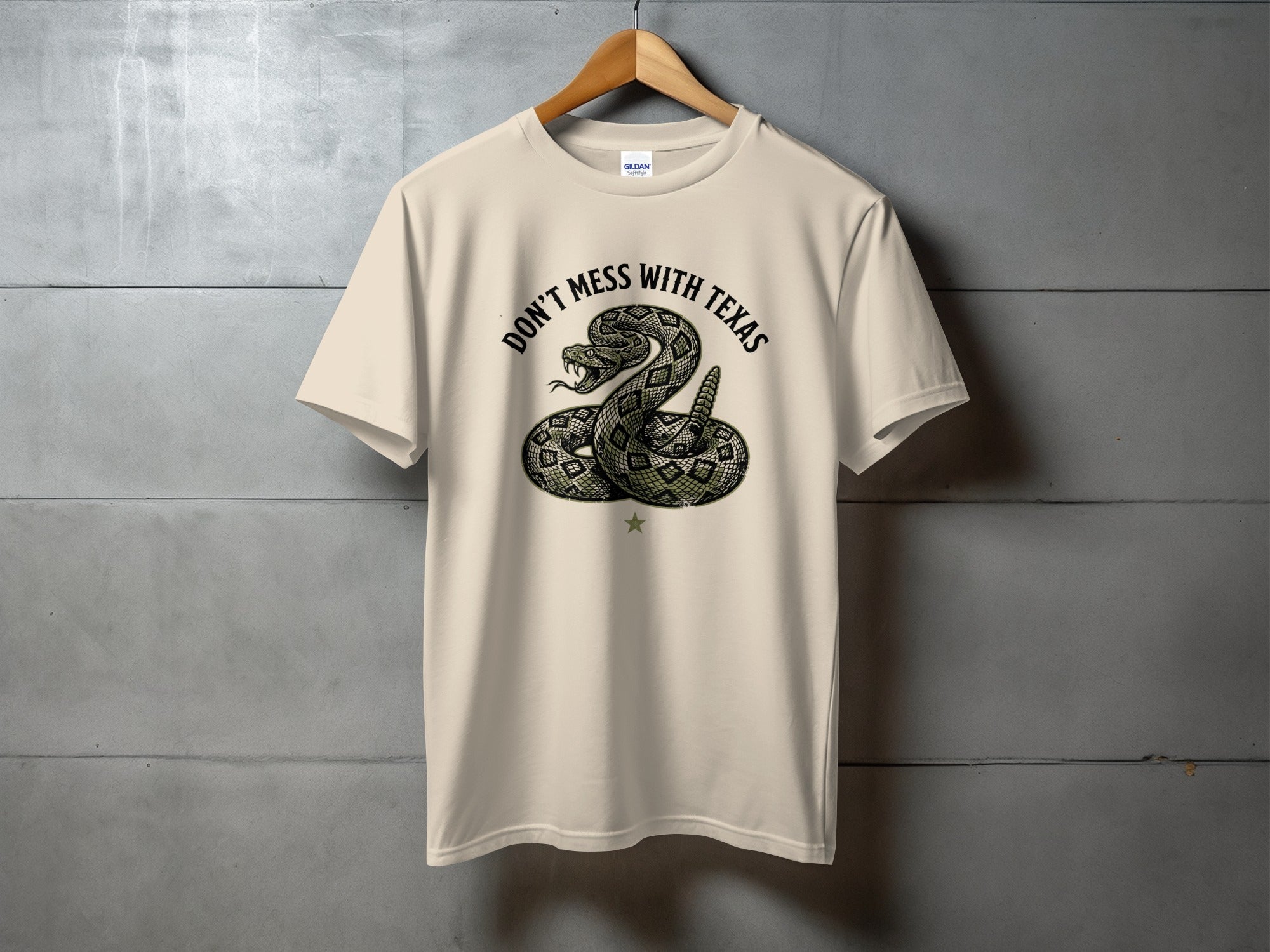 Tan t-shirt with rattlesnake and "Don't Mess With Texas" text.