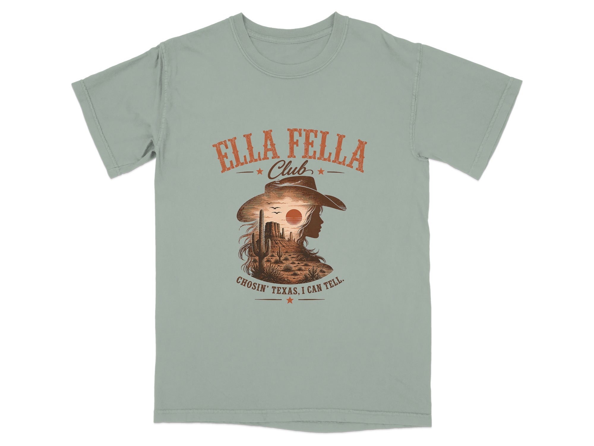 Ella Fella Club t-shirt with desert sunset graphic and text.
