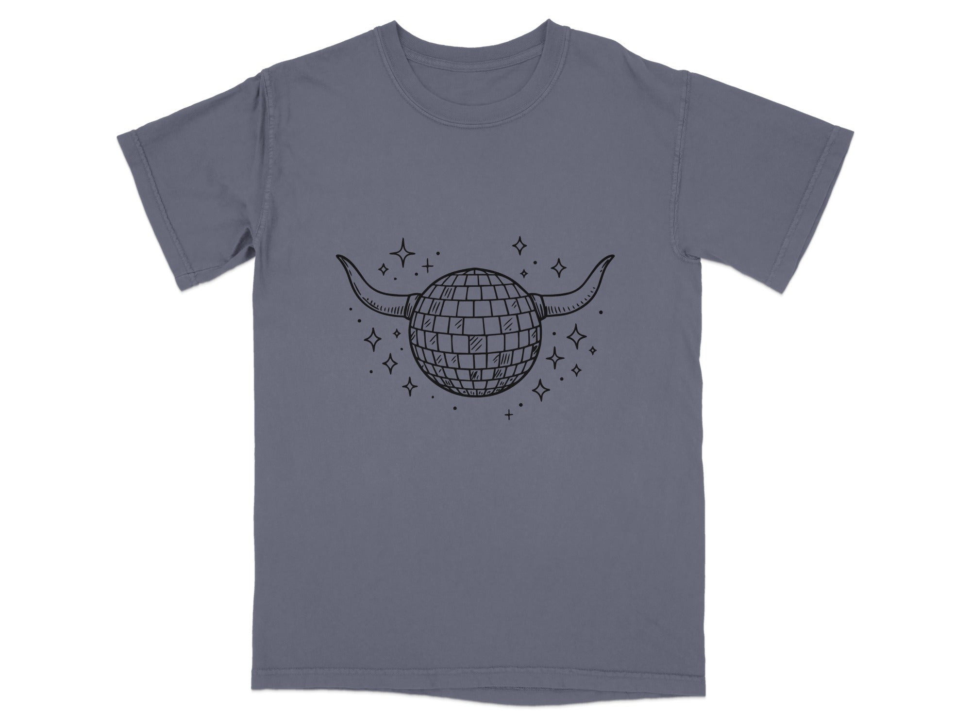 Grey t-shirt with a line drawing of a disco ball with horns and stars.