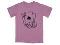 Two aces of spades and two dice graphic on a muted purple t-shirt.