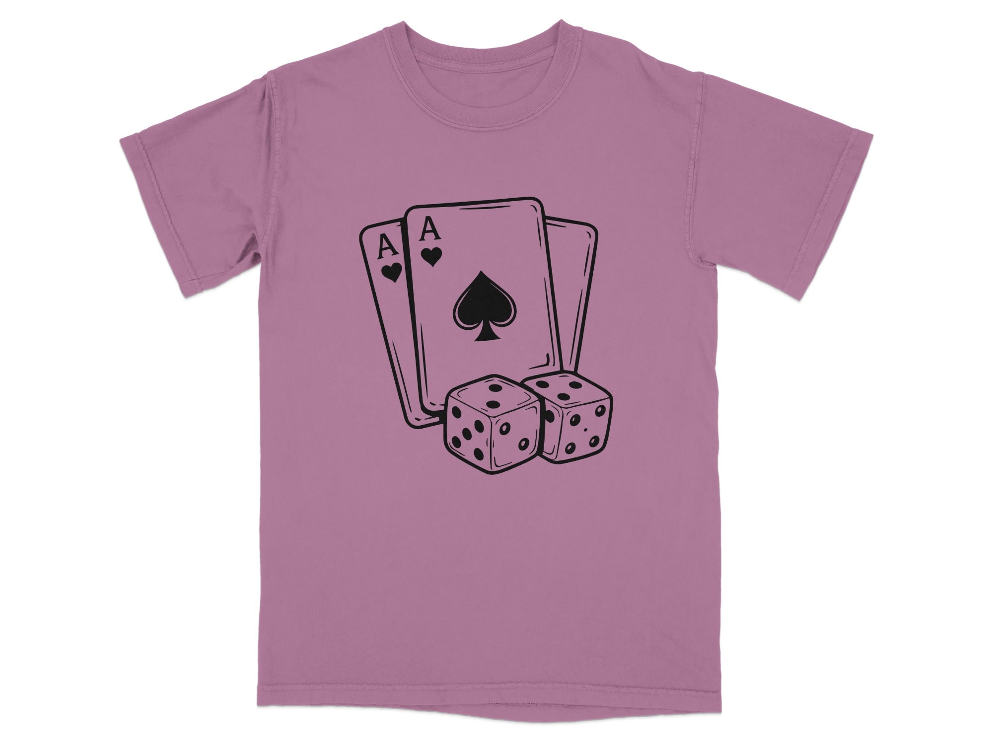 Two aces of spades and two dice graphic on a muted purple t-shirt.