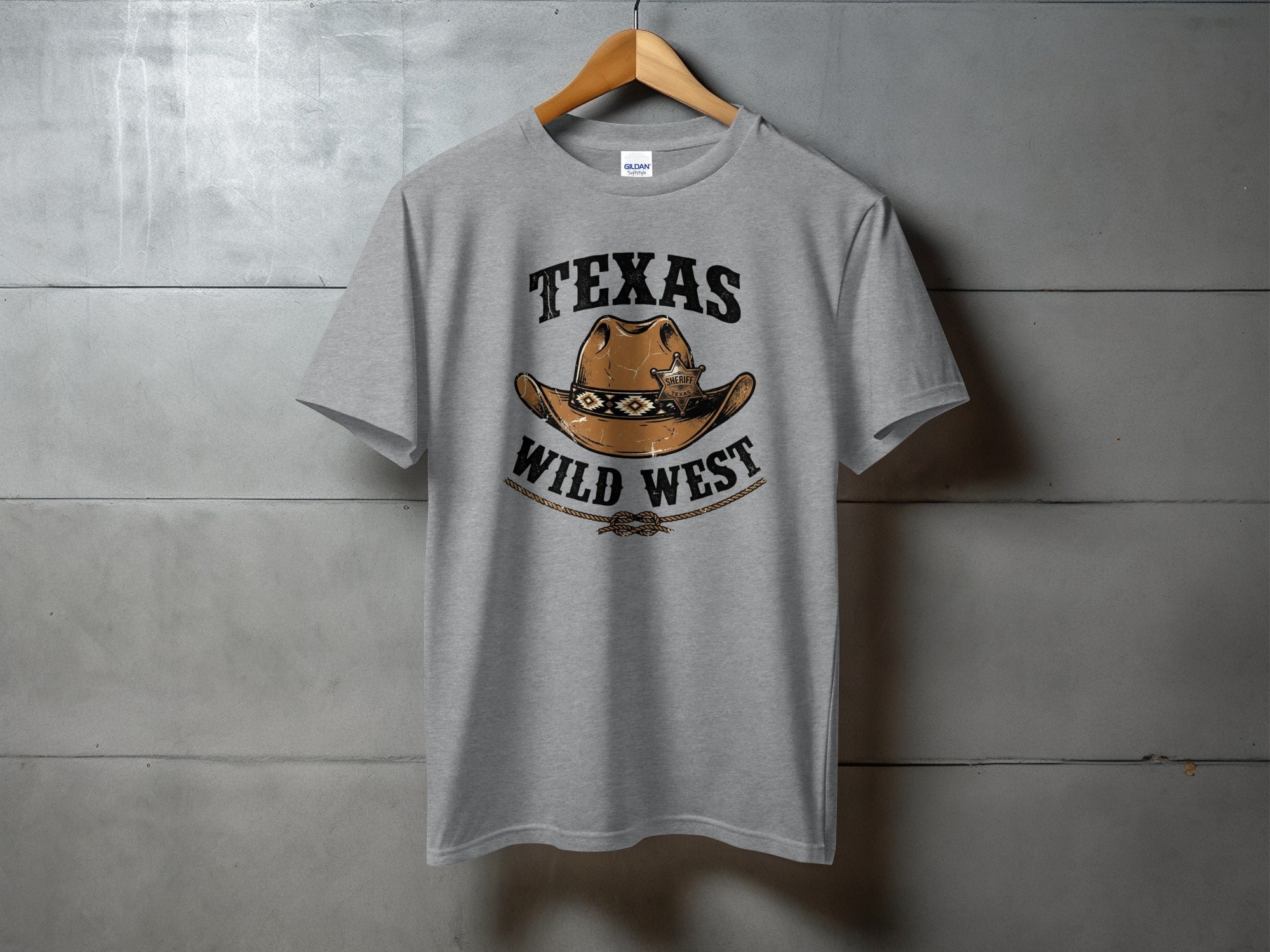 Grey t-shirt with "Texas Wild West" text and cowboy hat graphic.