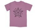 Purple t-shirt with a black outlined star design and small sparkle accents.