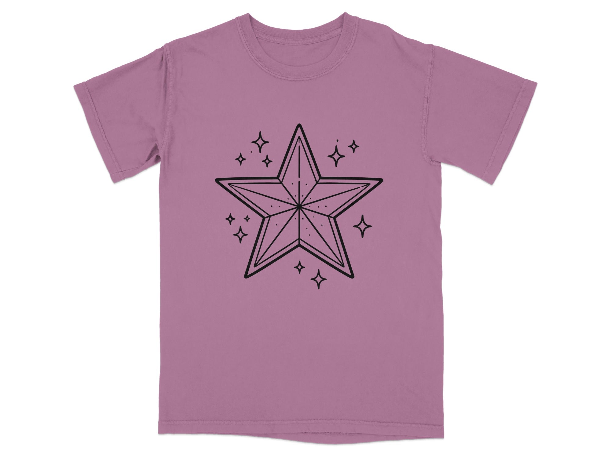 Purple t-shirt with a black outlined star design and small sparkle accents.