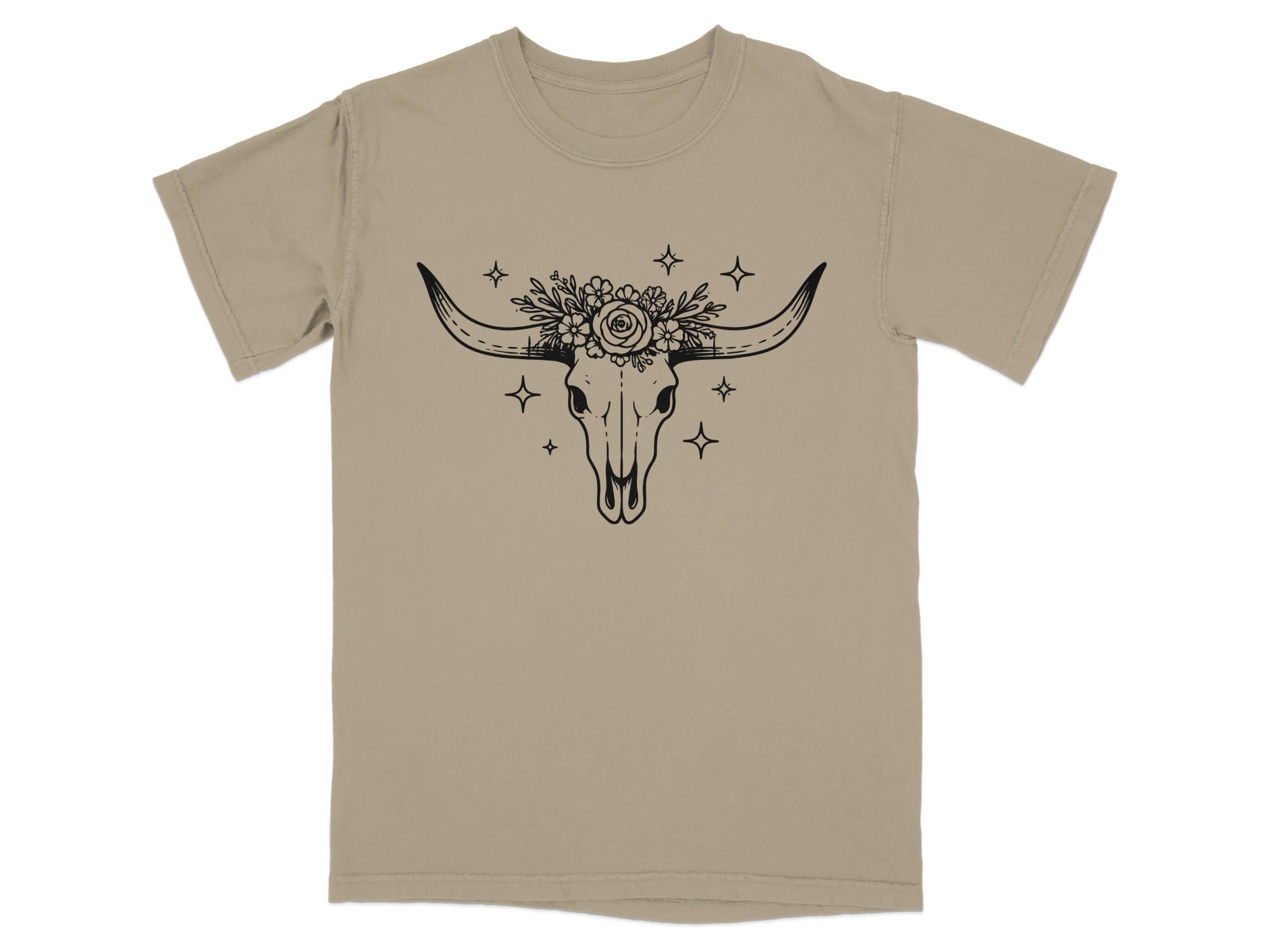 T-shirt with black line drawing of a bull skull with flowers and stars.
