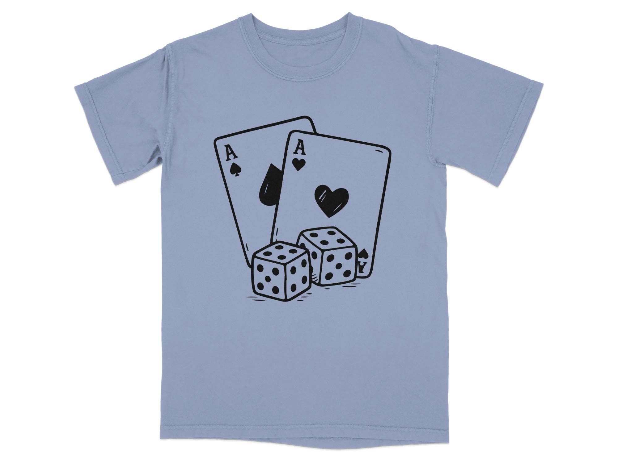Two aces and dice graphic on a light blue t-shirt.