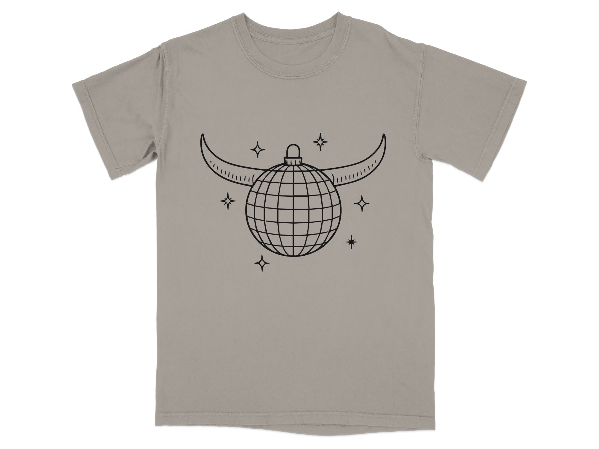 T-shirt with a black line drawing of a disco ball with horns and stars.