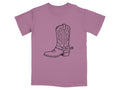 Purple t-shirt with black outline drawing of a cowboy boot with a spur.