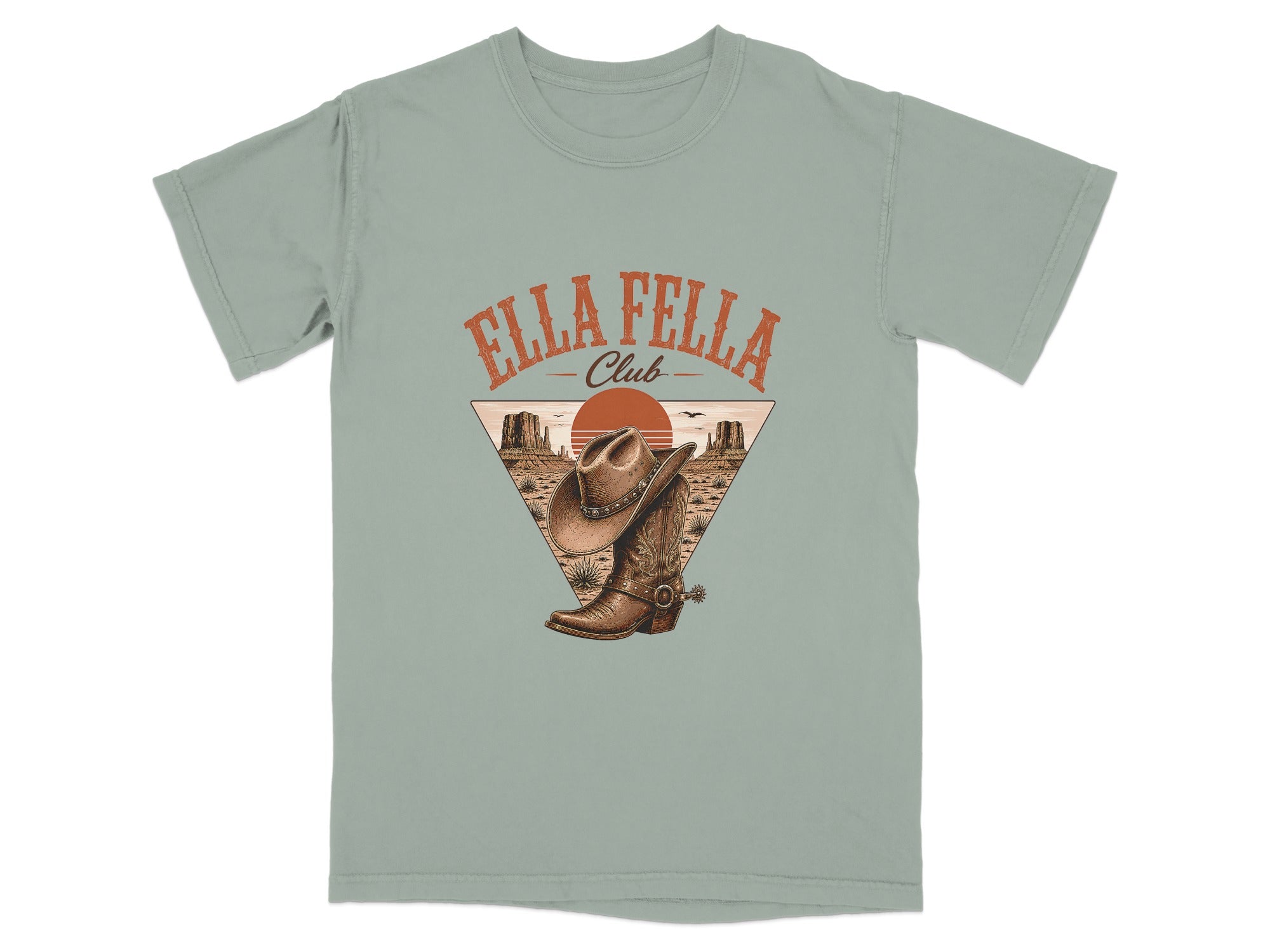 T-shirt with "ELLA FELLA CLUB" text and desert landscape with cowboy boot and hat.