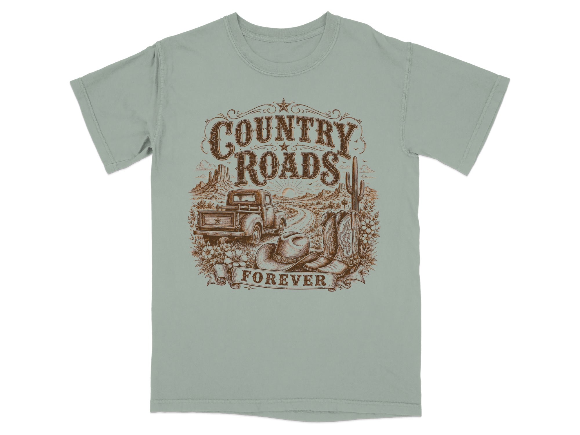 T-shirt with "Country Roads Forever" design featuring a truck, hat, and boots.