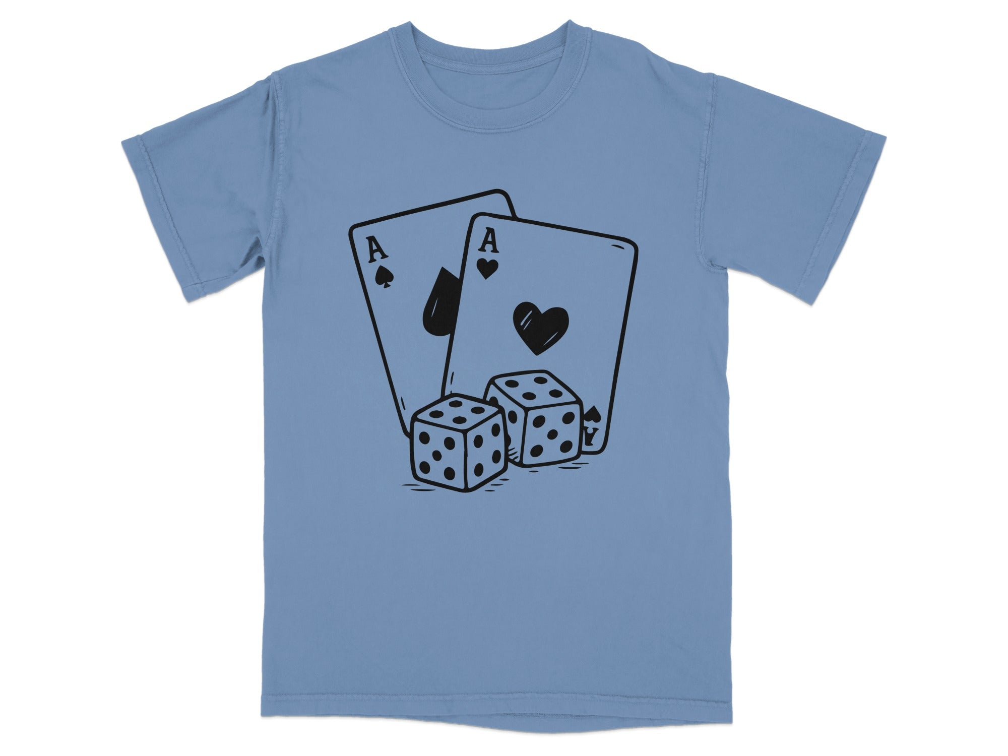 Ace of spades, ace of hearts, and two dice graphic on a blue t-shirt.