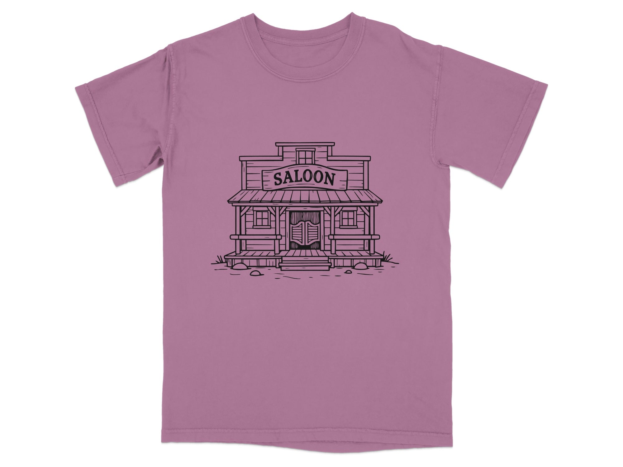 T-shirt with a black line drawing of a western saloon building.