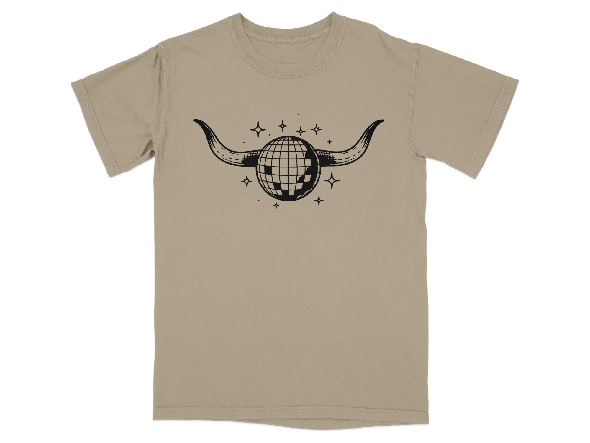 Tan t-shirt with black graphic of a disco ball with horns and stars.