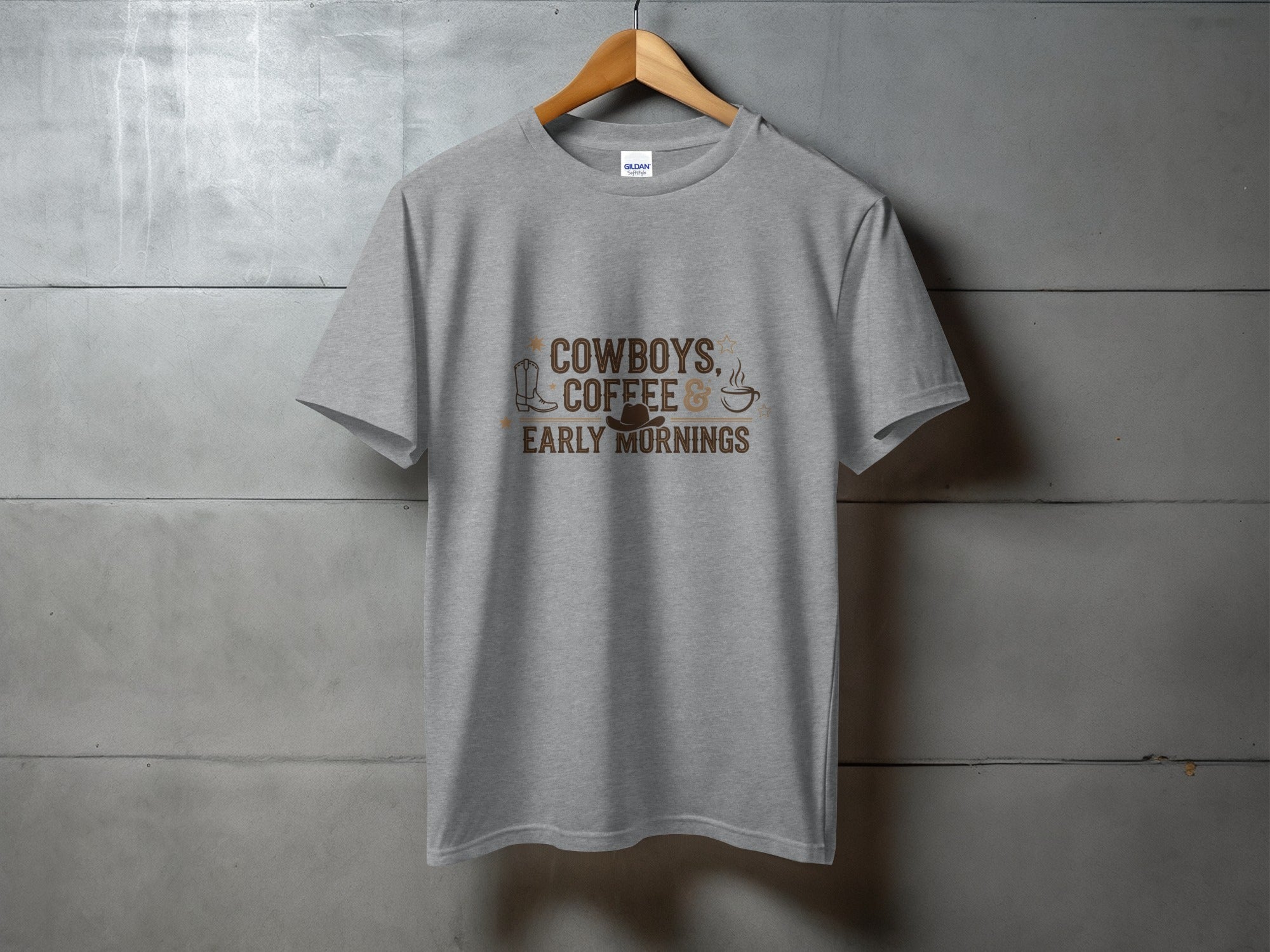 Rustic Mornings & Coffee Graphic - cozy western coffee tee, heavyweight cotton, Texas Dust & Denim western apparel