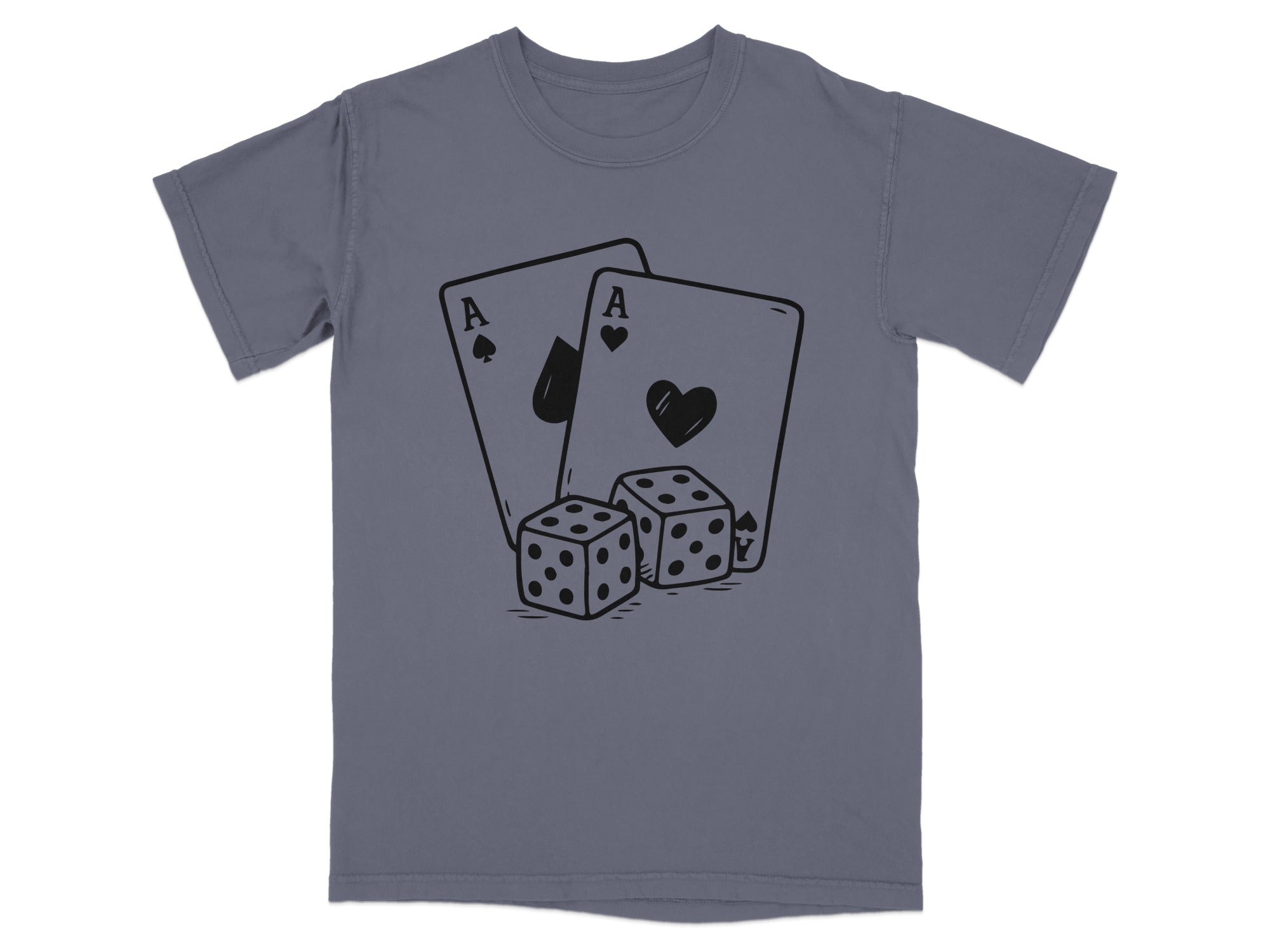 T-shirt with two aces and two dice graphic in black line art.