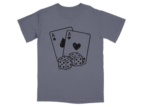 T-shirt with two aces and two dice graphic in black line art.