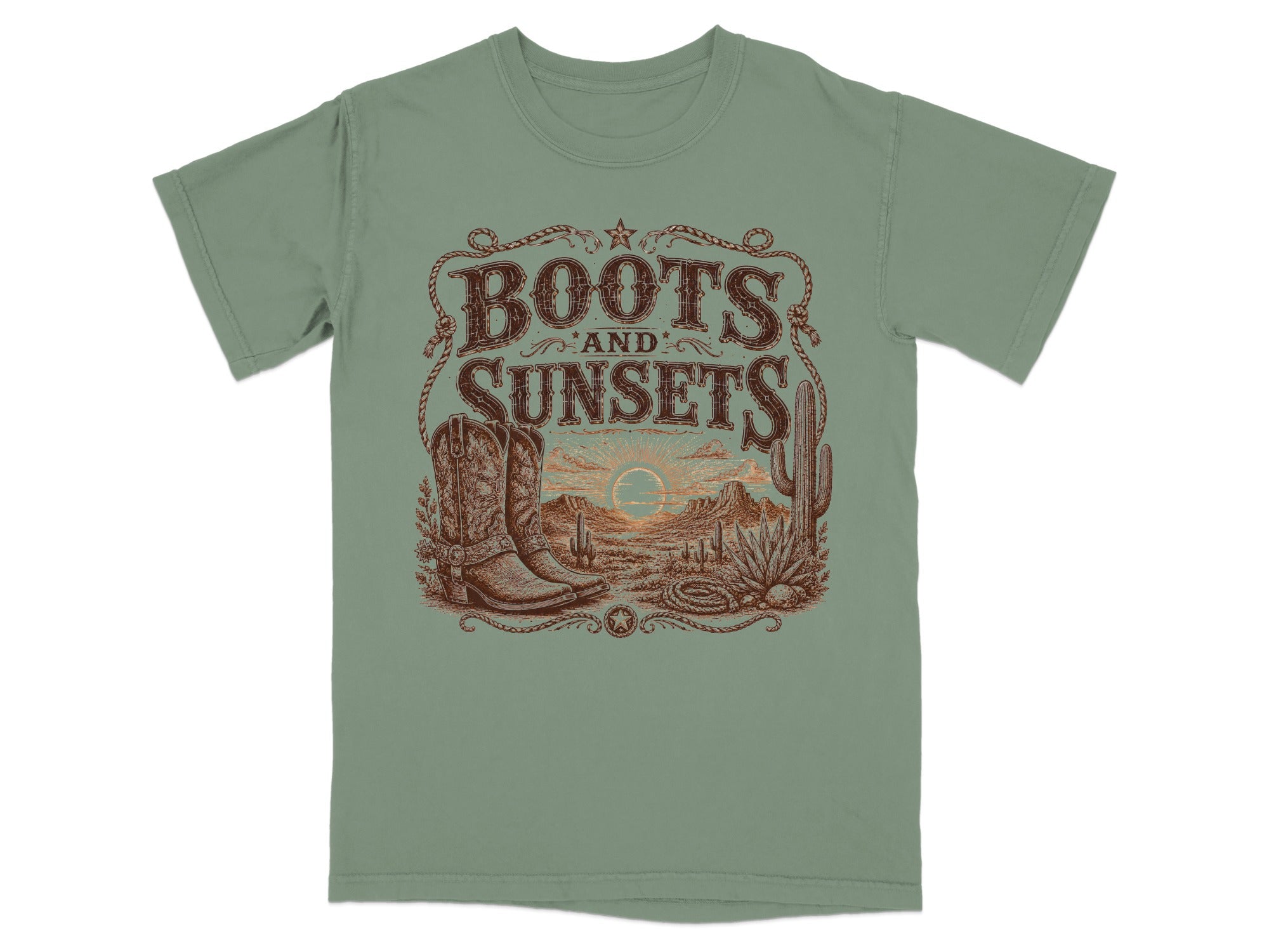 T-shirt graphic with "Boots and Sunsets" text, cowboy boots, cactus, and sunset.