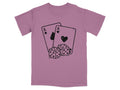 Two aces and two dice graphic printed on a mauve t-shirt.