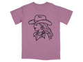 Line art of a cowgirl wearing a hat and bandana on a purple t-shirt.