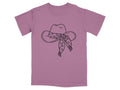 T-shirt with line art of a cowboy hat adorned with a scarf patterned with hearts.