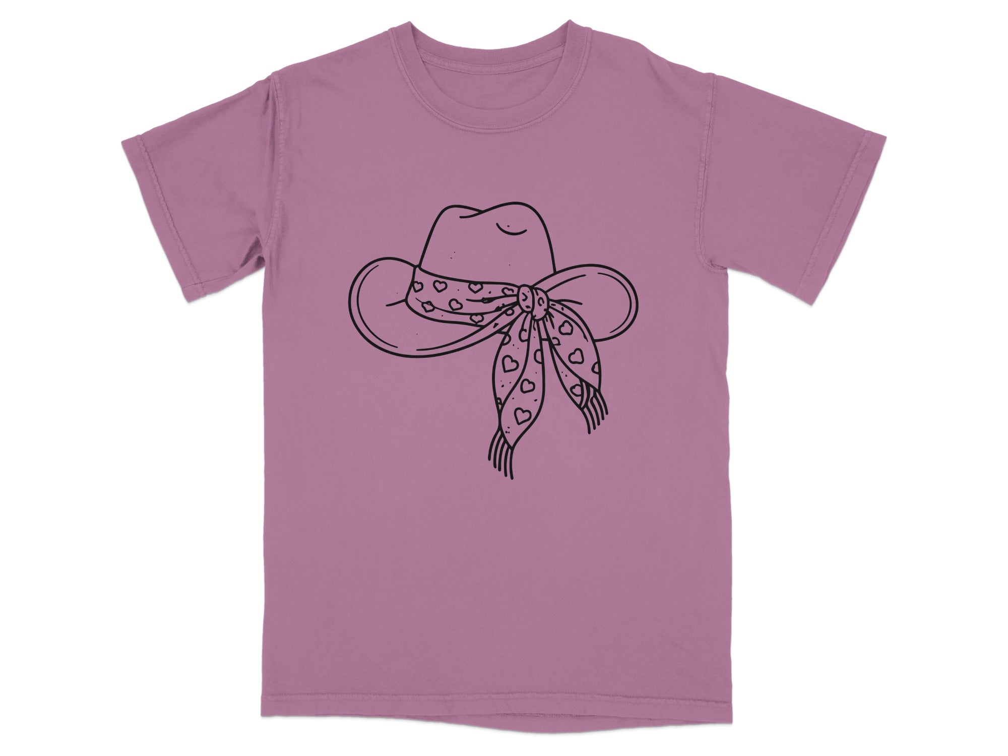 T-shirt with line art of a cowboy hat adorned with a scarf patterned with hearts.