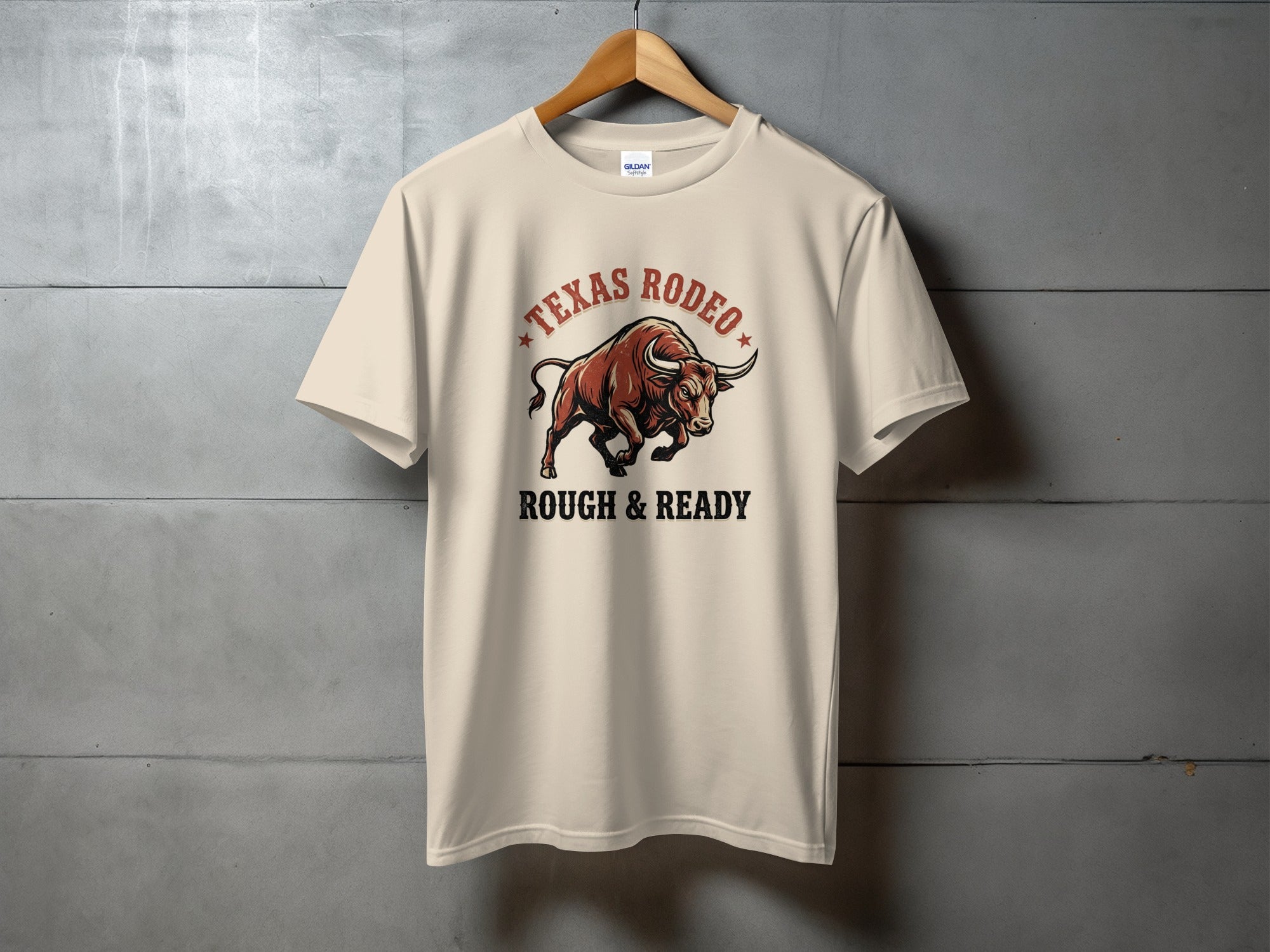 Cream t-shirt with Texas Rodeo Rough & Ready bull graphic.