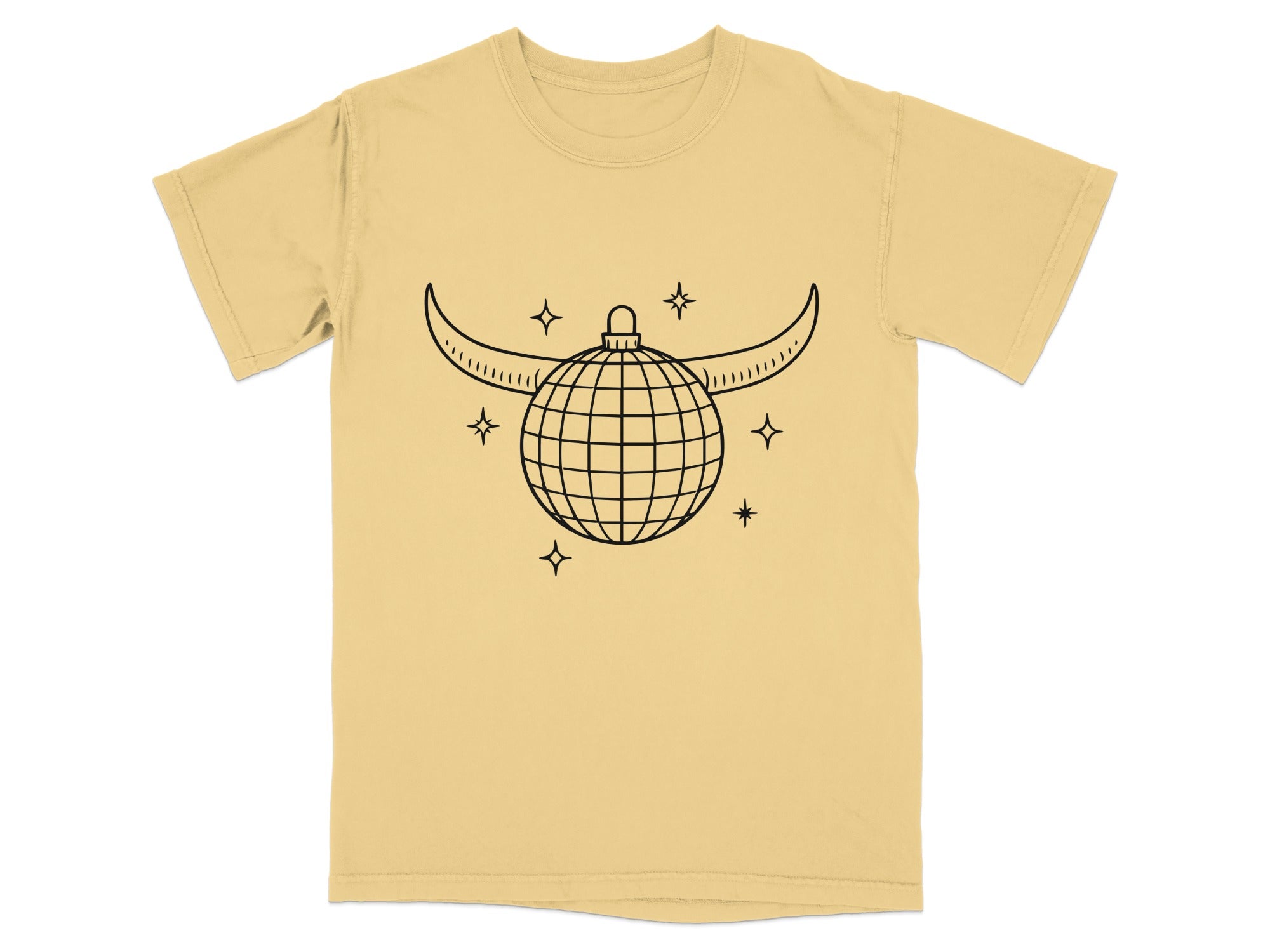 Yellow t-shirt with a black line drawing of a disco ball wearing bull horns and stars.