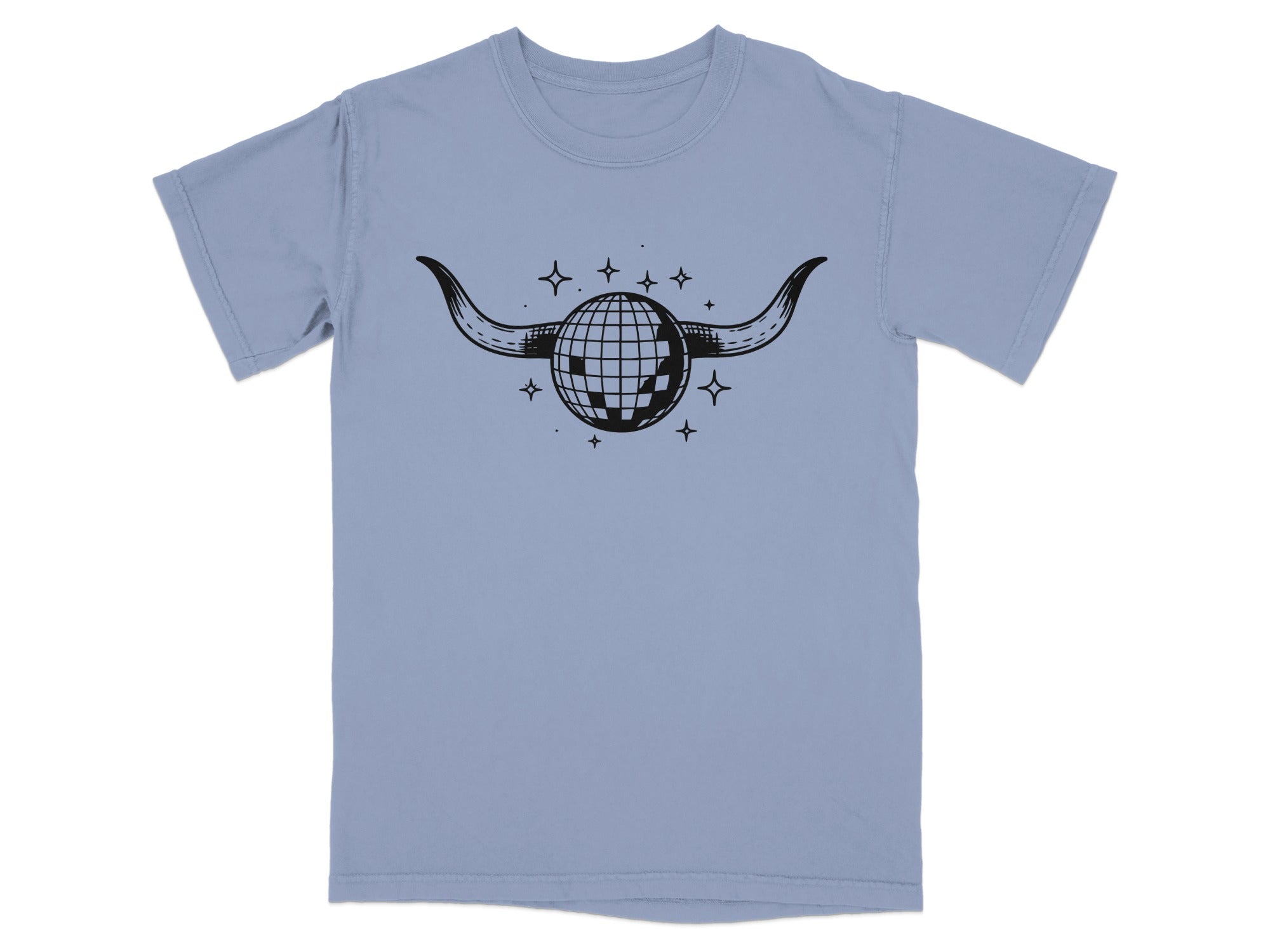 Light blue t-shirt with a black graphic of a disco ball with bull horns and stars.