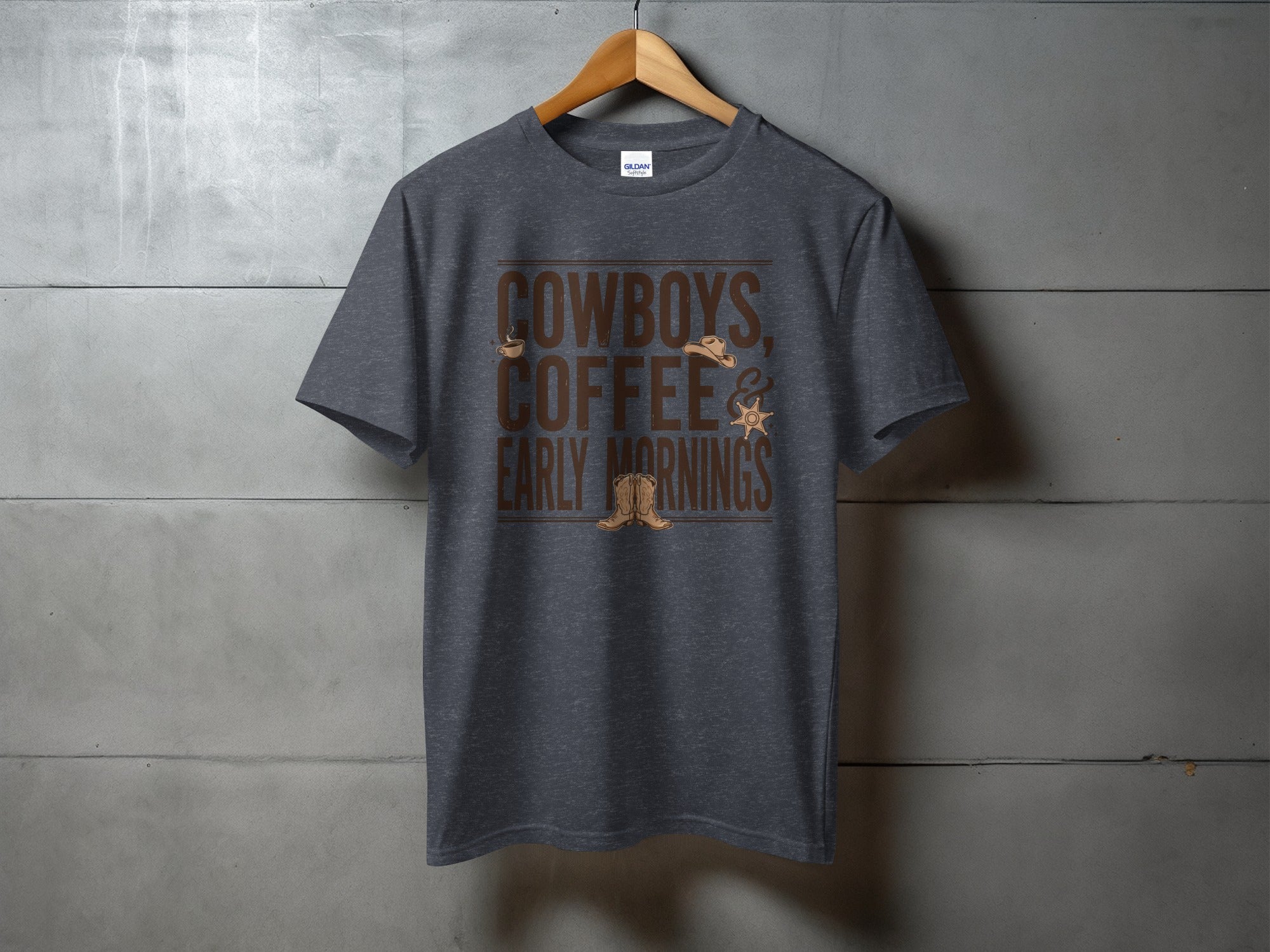 Dark gray t-shirt with "Cowboys, Coffee, & Early Mornings" text and cowboy boots.