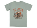 T-shirt features a western graphic with boots, hat, and desert landscape, and text.