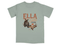 T-shirt graphic with "Ella Fella Club" text, Texas map, and desert landscape.