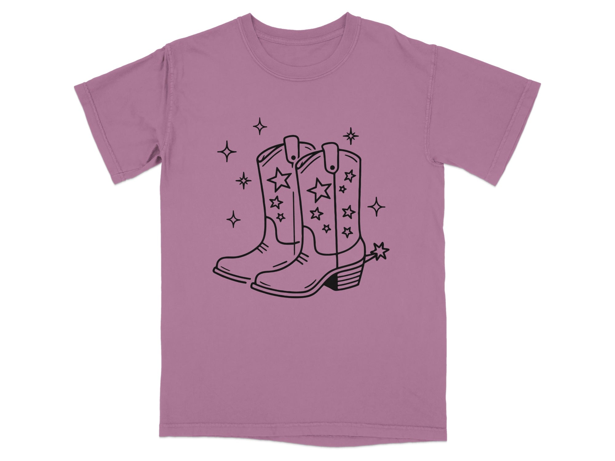 T-shirt with black outline graphic of cowboy boots and stars design.