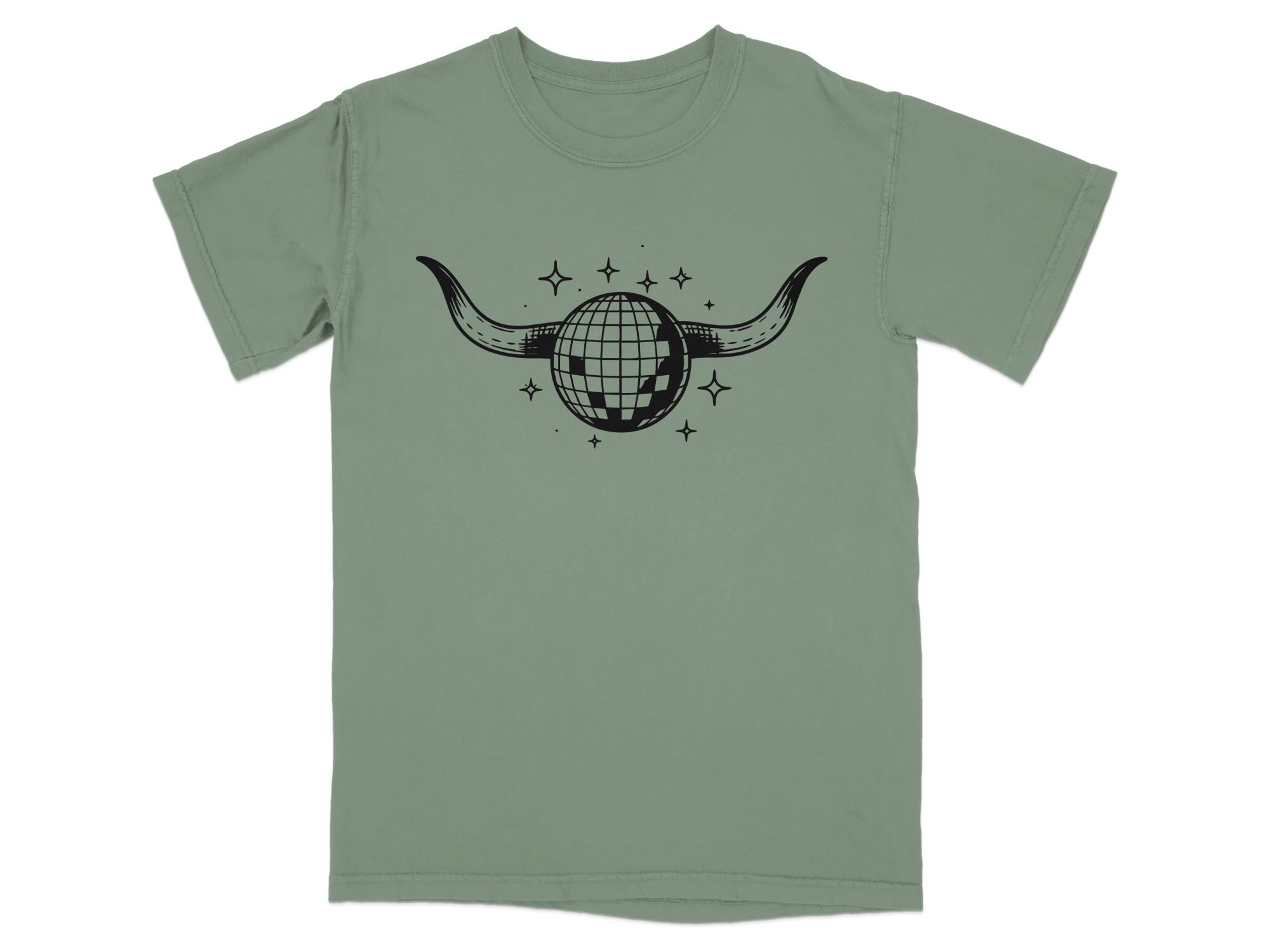 Green t-shirt with black illustration of a disco ball with horns and stars.