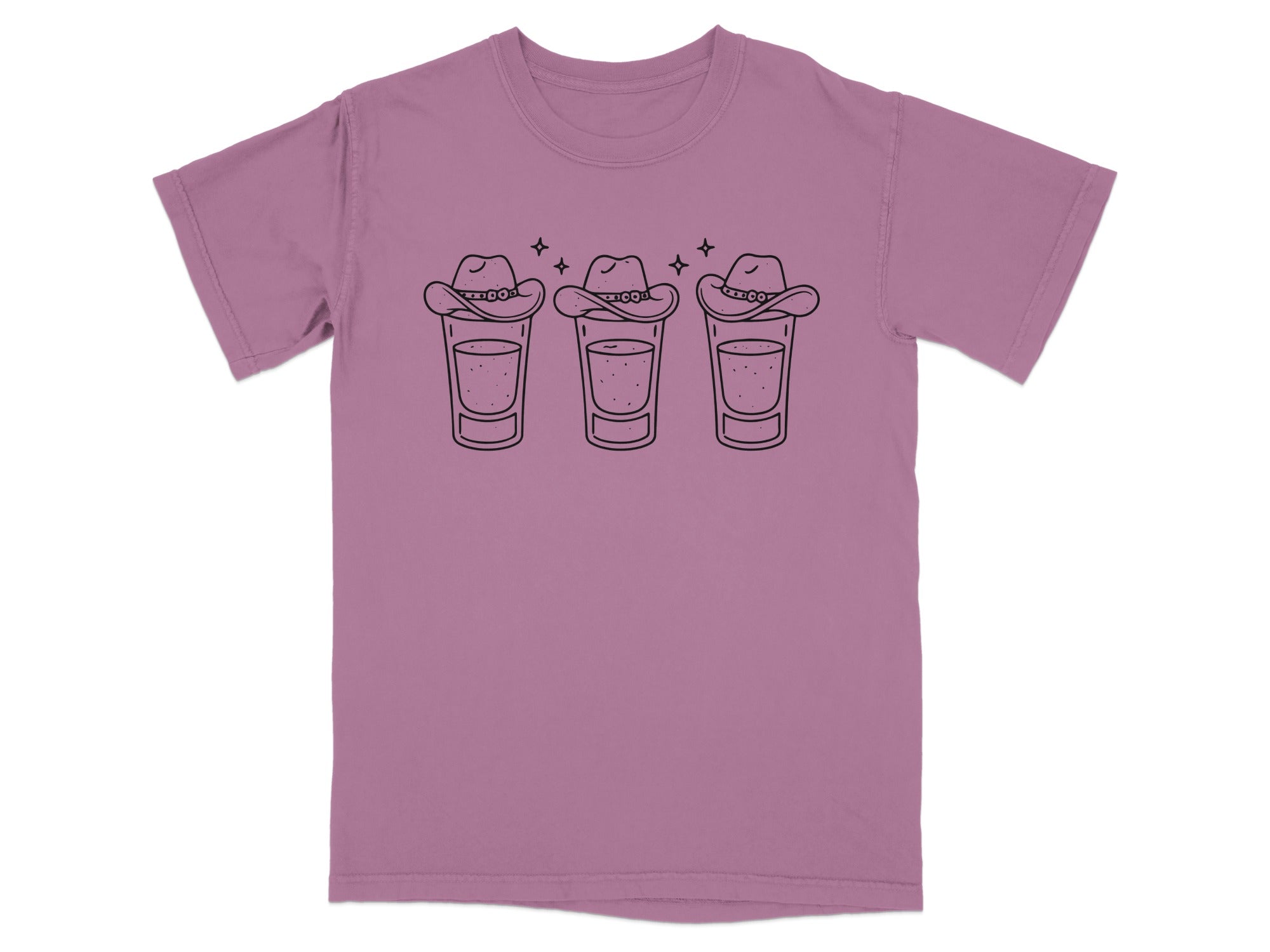 T-shirt with a graphic of three shot glasses wearing cowboy hats.