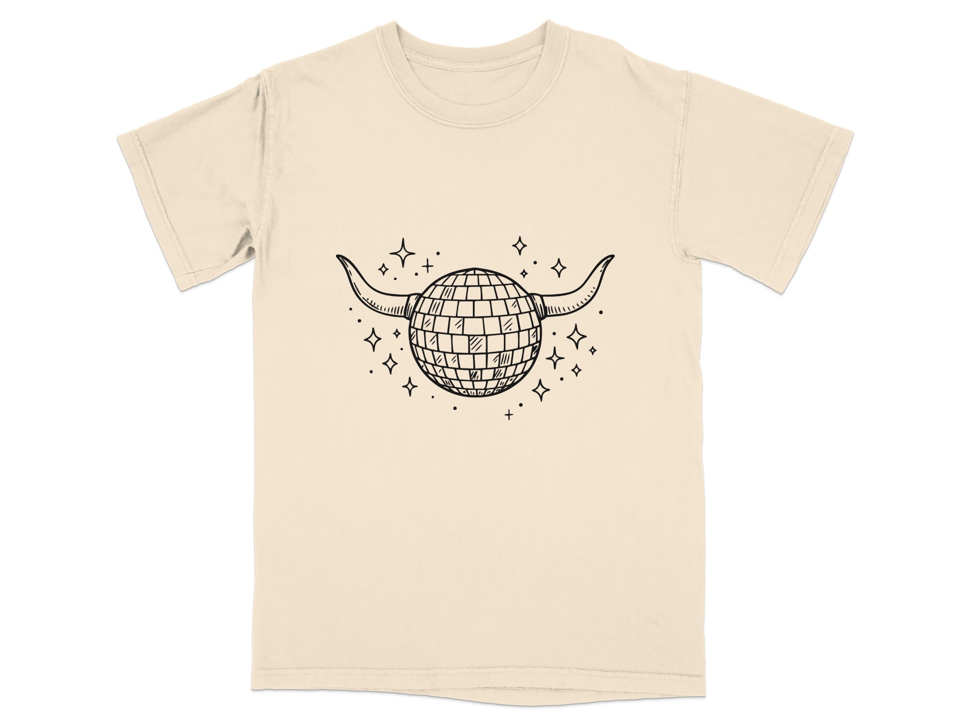T-shirt with a black line drawing of a disco ball with bull horns and stars.