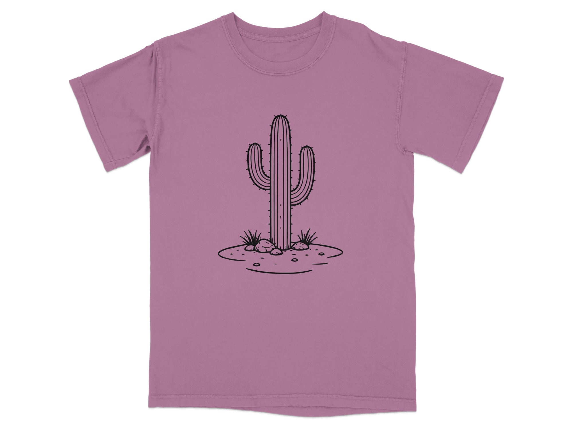 Purple t-shirt with a black line drawing of a saguaro cactus with rocks and grass.
