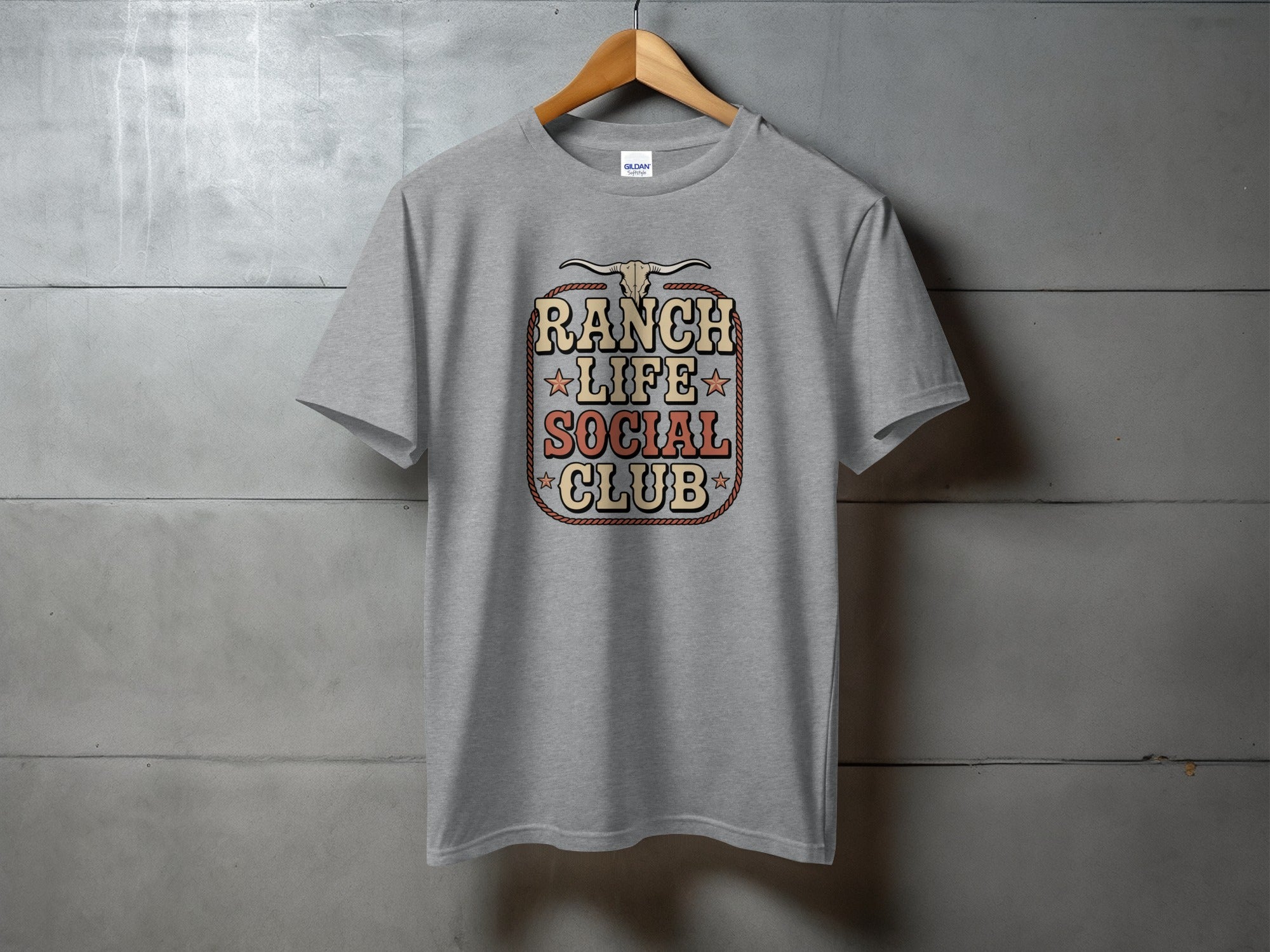 Grey t-shirt with "Ranch Life Social Club" text and steer skull graphic.