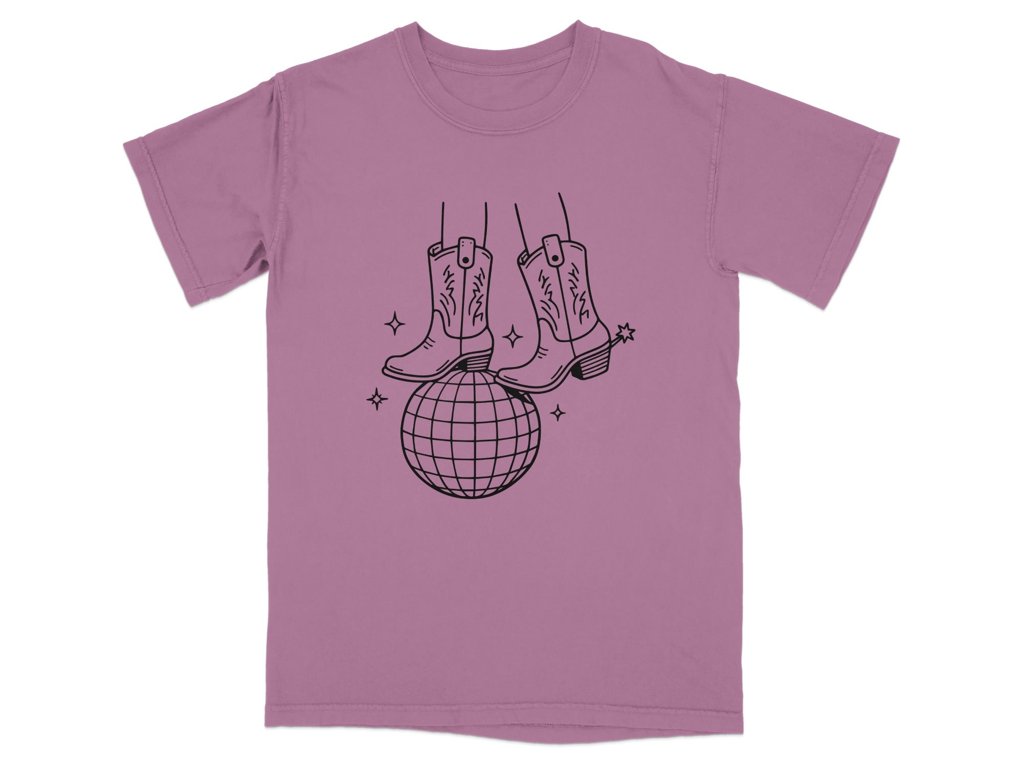 Cowboy boots balanced on a disco ball with sparkling stars.