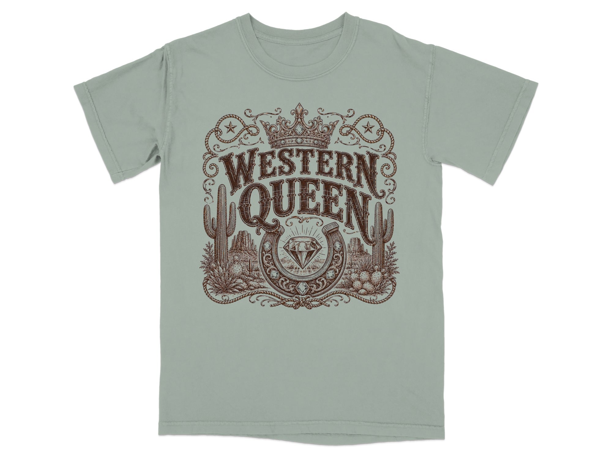 Gray t-shirt with "Western Queen" text, crown, horseshoe, diamond, and desert scene.